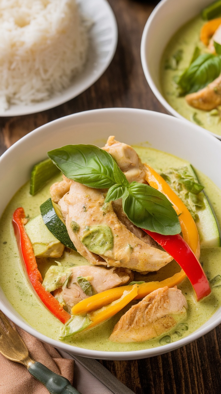 A bowl of Thai Green Curry Chicken with chicken, bell peppers, zucchini in green coconut sauce, garnished with basil, alongside jasmine rice.